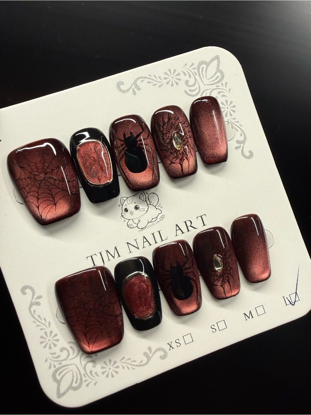 Metallic Burgundy Spider Web Halloween Press-On Nails Large